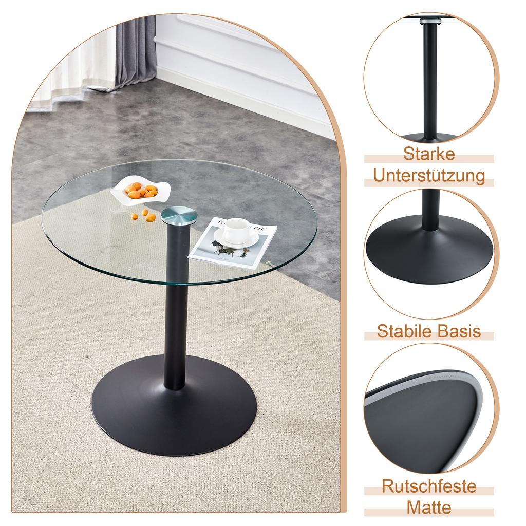 Table-Chair Set. Round Glass Table with 85 cm Diameter + 2 Black Chairs with High Backrest and Diamond Quilting made of PU