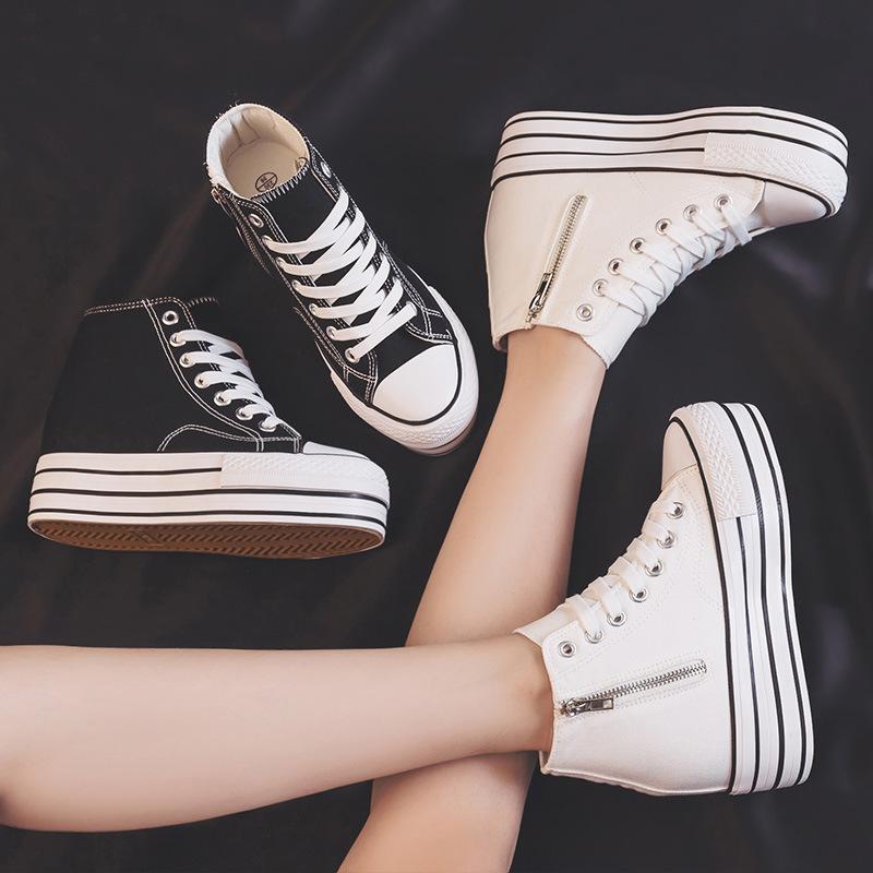 Spring new high-top canvas shoes women's inner height-increasing muffin shoes classic versatile platform casual shoes