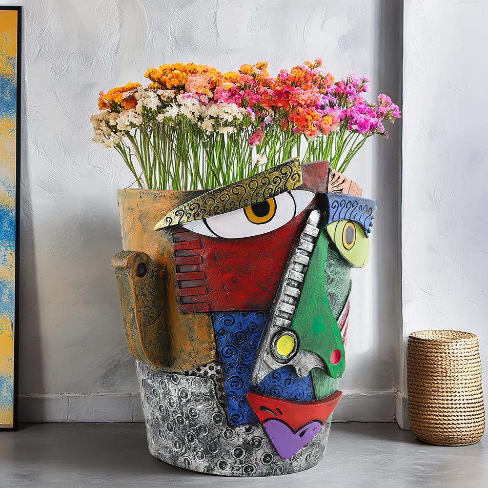 Resin Abstract Art Painted Flower Pot Colorful Figures Facial Sculptures Human Face Flower Pots Maya Statue Home Decoration