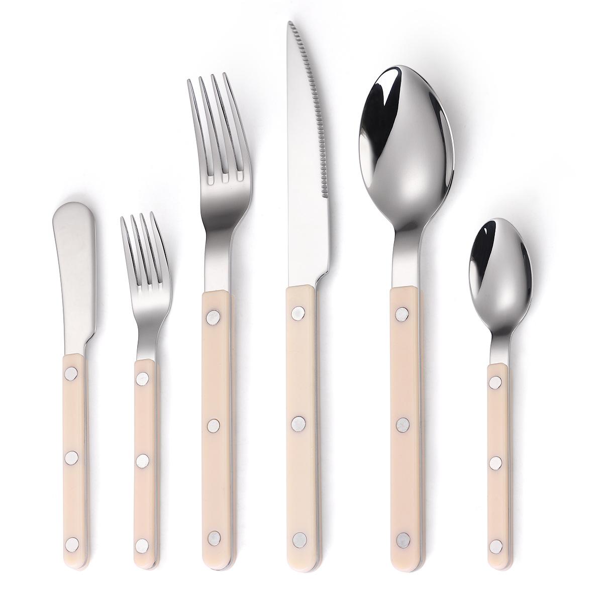 

Набор столовых приборов из нержавеющей стали 304, нож в западном стиле, вилка, ложка, нож для стейка, бытовой легкий, роскошный, ретро, с ручкой-зажимом с тремя гвоздями бежевый