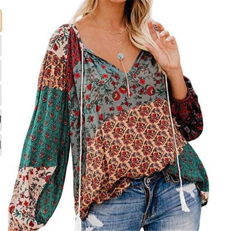 Women's Autumn Floral Printed Large V-Neck Long Sleeve Pullover Blouse Loose Drawstring Shirt Top