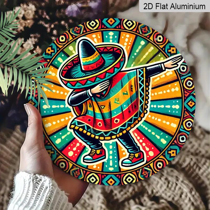 2D Flach, 1 Stück 7,87 Zoll Rundes Aluminiumschild, Mexikanisches Fiesta Sombrero & Maracas Design, Lebendige Kulturelle Metallwandkunst, Einfach Aufzuhängen Innen-/Außenbereich Dekor