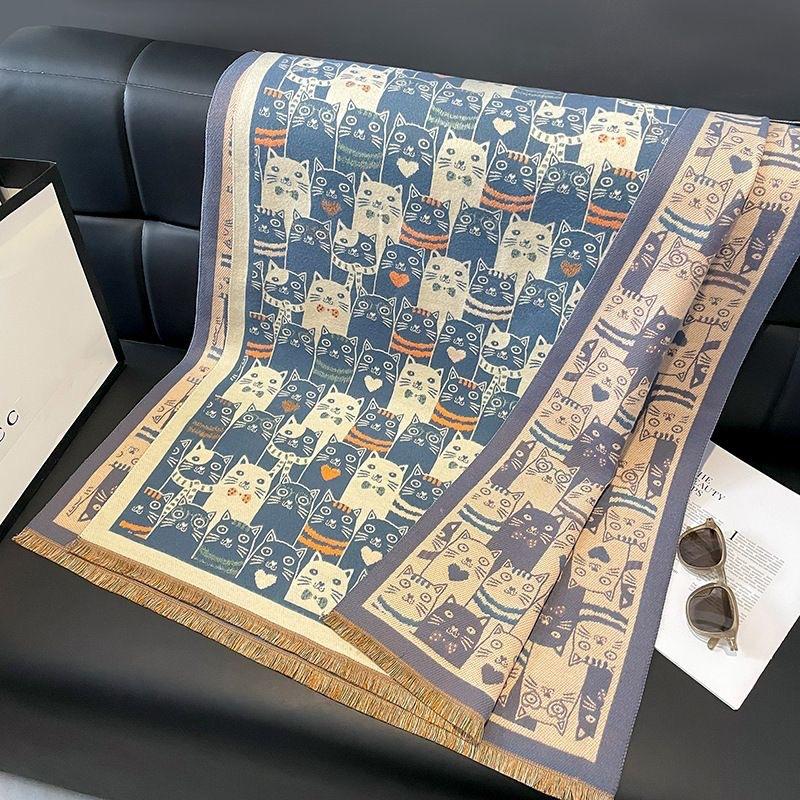 Classic Cartoon Kitten Style Scarf Women's New Versatile Extra Long Imitation Cashmere Fashion Warm Shawl