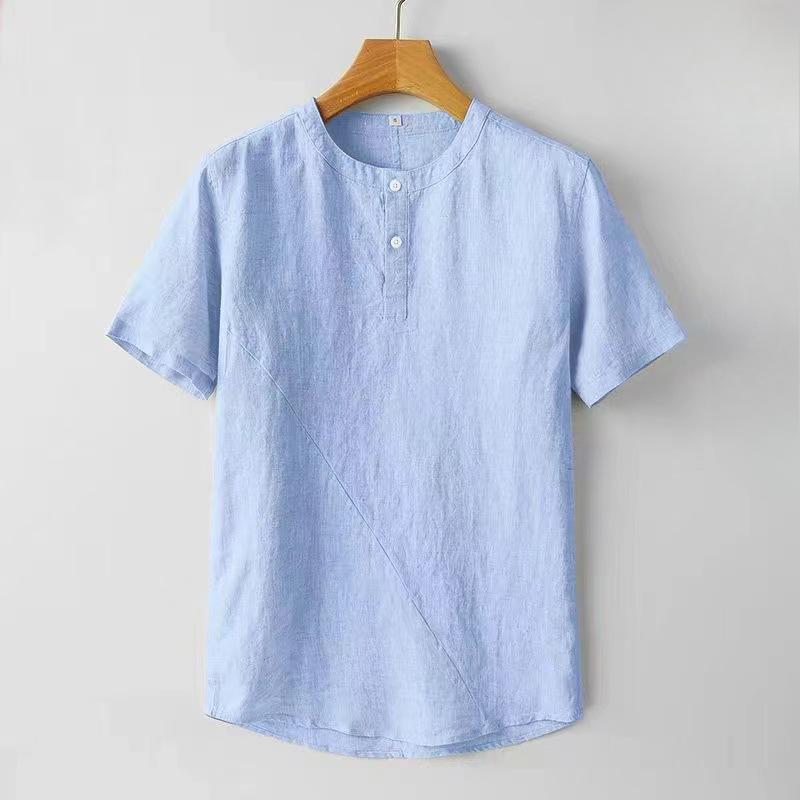Chinese Style Men's Linen Short-sleeved Shirt Men's Summer Thin Casual Retro Cotton and Linen Pullover Stand-up Collar Shirt