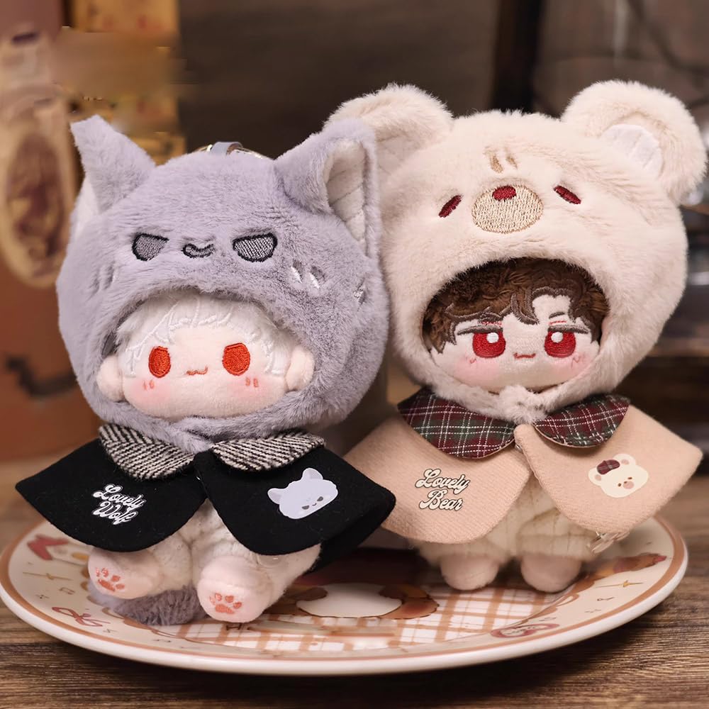 Niannyyhouse Plush Doll Clothing Set (10-15cm) - Hat, Cape, Pants, Wolf Bear Pattern - Plush Doll Dress-Up Accessory (Gray)