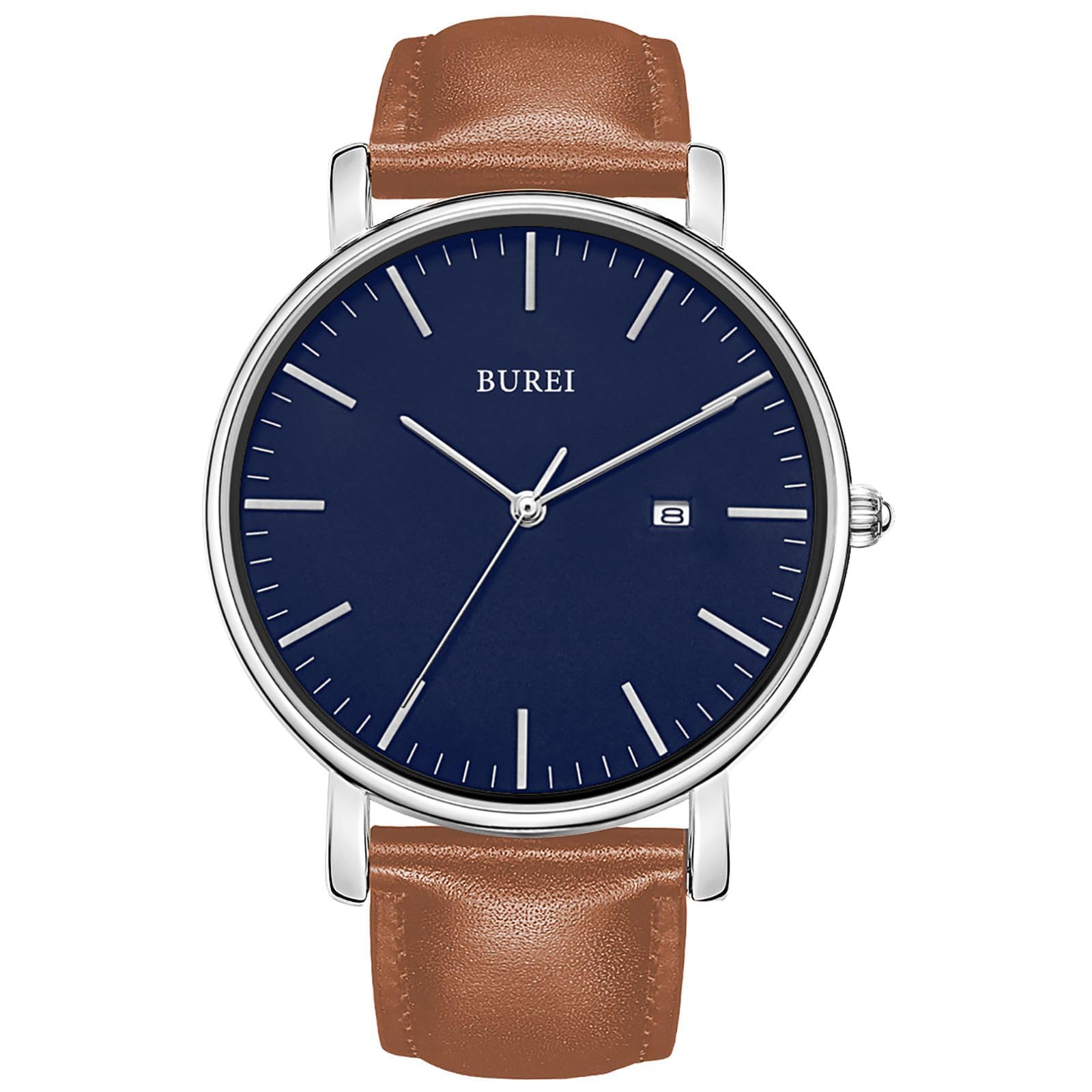 

BUREI Brown Leather Date Quartz Simple and Perfect for Business or Casual Perfect for High School or as a Luxury Gift Men s Watch, Strap, Analog, синий