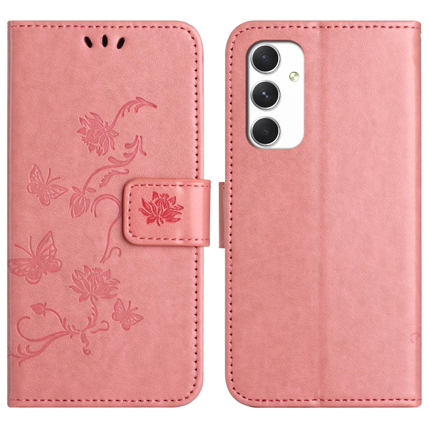 

For Samsung Galaxy A16 5G/A16 4G Case Wallet Stand Imprinted Butterfly Flower PU Leather Phone Cover Pink