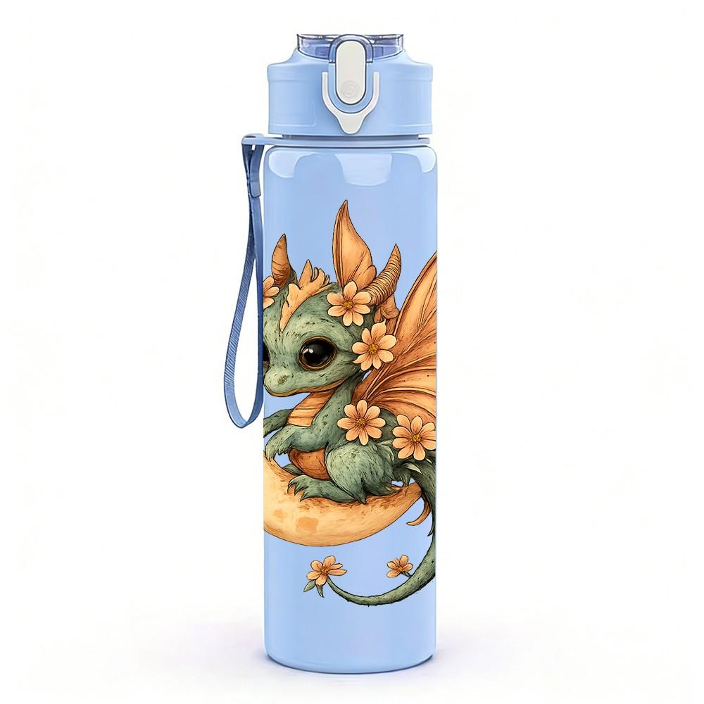 1PC Cute Green Baby Dragon 750ml Color Plastic Sports Water Bottle Leakproof Flip Straw Lid Suitable for Sports Office Home Use