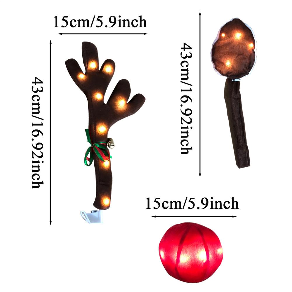 

Christmas Car LED Light-up Antlers Decoration Car Reindeer Antler Kit Holiday Decoration With LED Lights With Red Nose