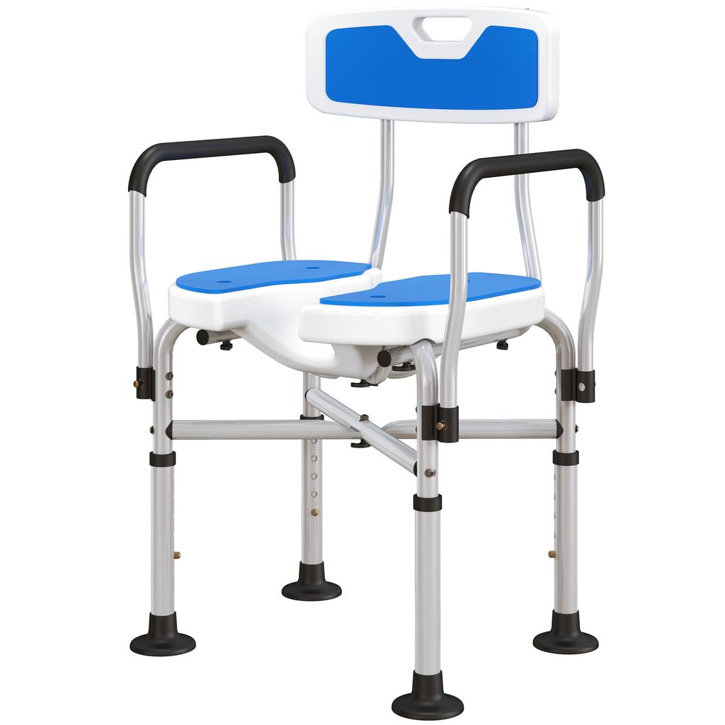 Shower Chair With Slotted Seat Adjustable Height Non Slip Backrest And Armrests Load 136 Kg Blue