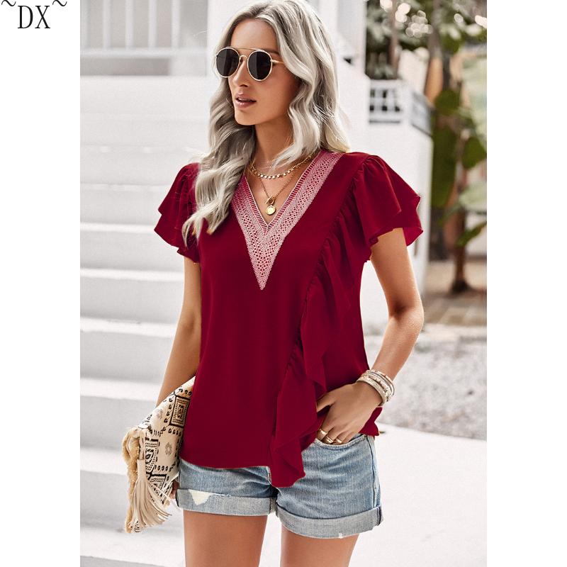 DX~~Short Sleeved Shirt Women's Summer Style Commuting V-neck Ruffle Top