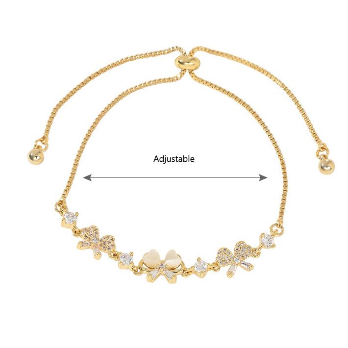 Elegant Cat's Eye Stone & Bowknot Charm Bracelet for Women, Adjustable Sliding Crystal Bracelets with CZ, Luxury Jewelry