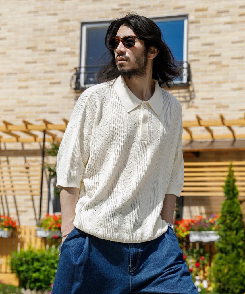 RUGGED HOUSE Cable Collar Short Sleeve Knit Ivory