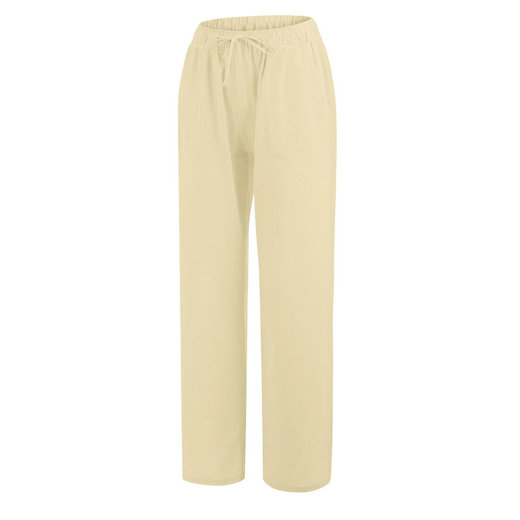 Women's Casual Cotton Linen Elastic Waist Drawstring Long Wide Leg Pants
