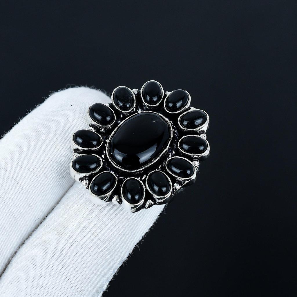 Natural Black Onyx Gemstone Ring, 925 Sterling Silver Ring, Gift For Her, Oval Stone ,Elegant Handmade Ring, Black Onyx Flower Silver Ring