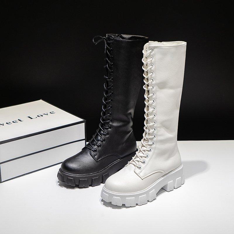 Aphixta 2025 Winter Shoes Women's Long High Boots White PU Leather Knee High Boots Female Lace Up Platform Botas Mujer