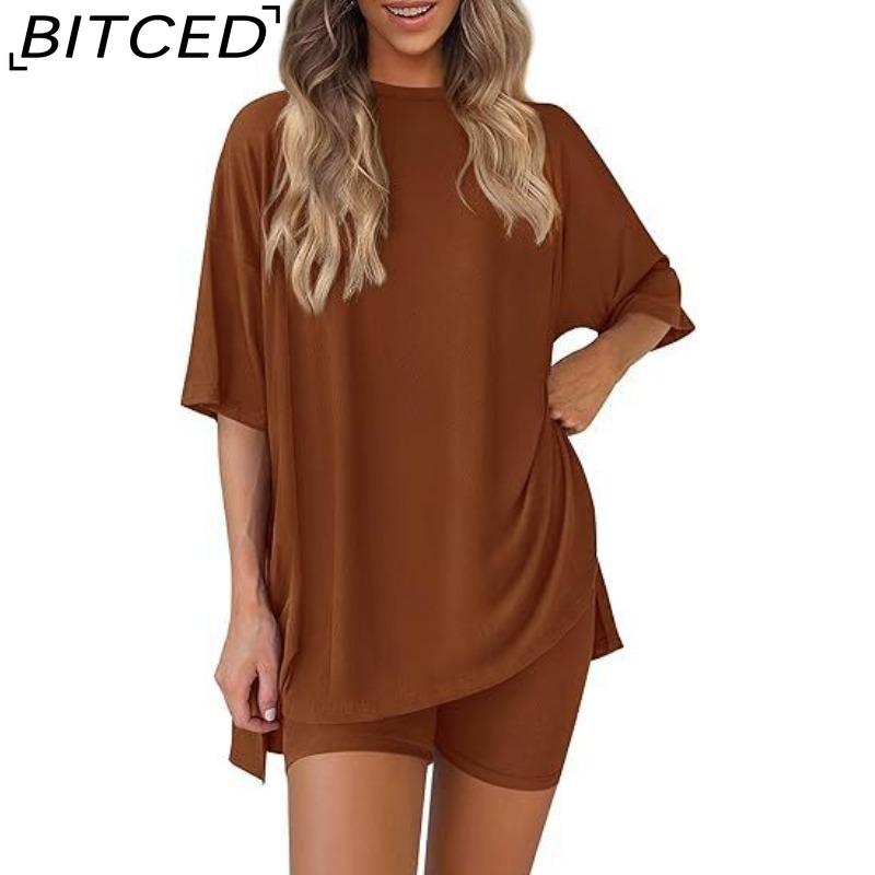BITCED Women's Spring/Summer Loose-Fit Fashion Solid-Colour Casual Short-Sleeved Top and Shorts Two-Piece Set