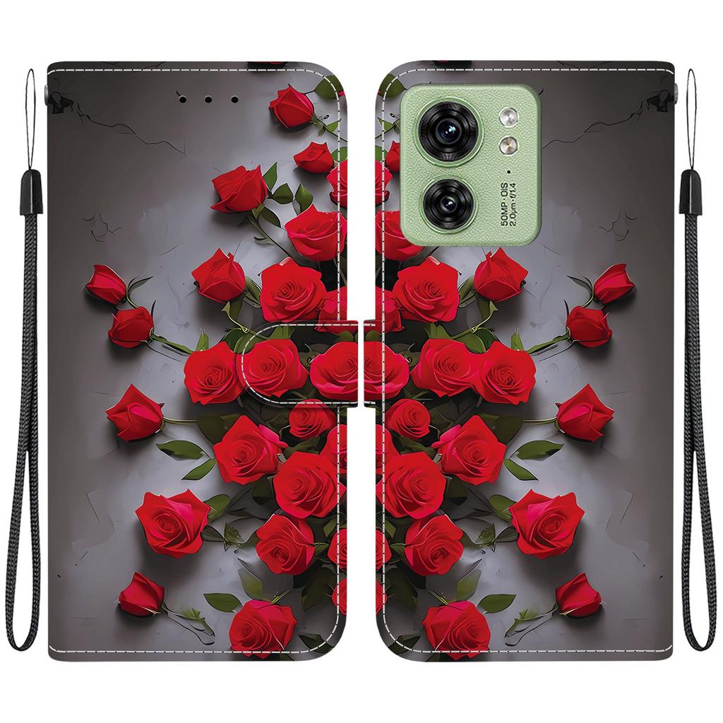 Handmade PU Leather Flip Case for Motorola Edge 40 Anti-Slip Shockproof Cover with Wrist Strap & Heart/Rose Cat Designs