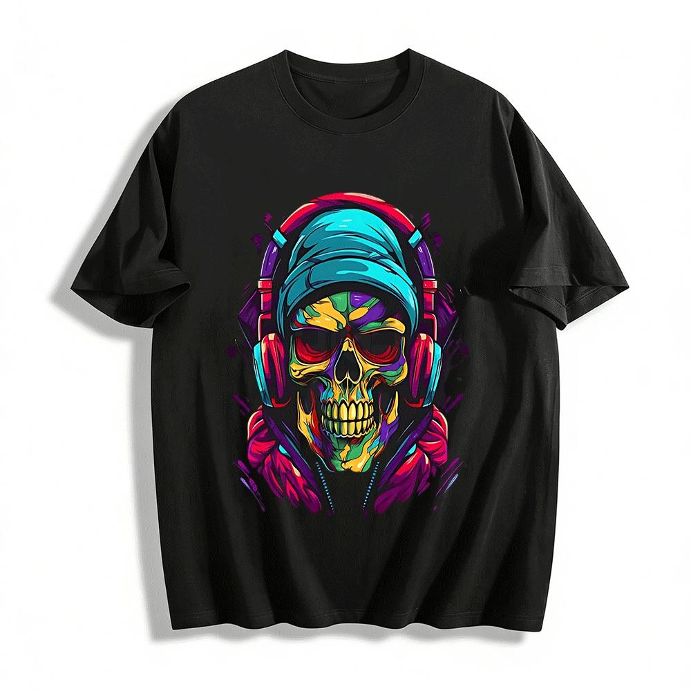 Vibrant Headphone Skull Print Edgy Streetwear Casual T-Shirt Pure cotton T-shirt XXS