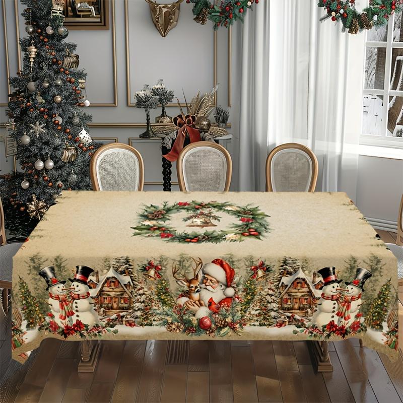 Vintage Winter Wonderland Christmas Tablecloth with Santa Reindeer & Snowman Patterns - Rectangular Table Cover