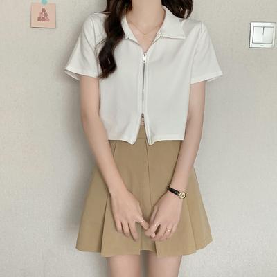 Polo Lapel Right Shoulder White T-shirt for Women Summer Design Double Zipper Short-sleeved Navel-baring Short Half-sleeved Hot Girl Top