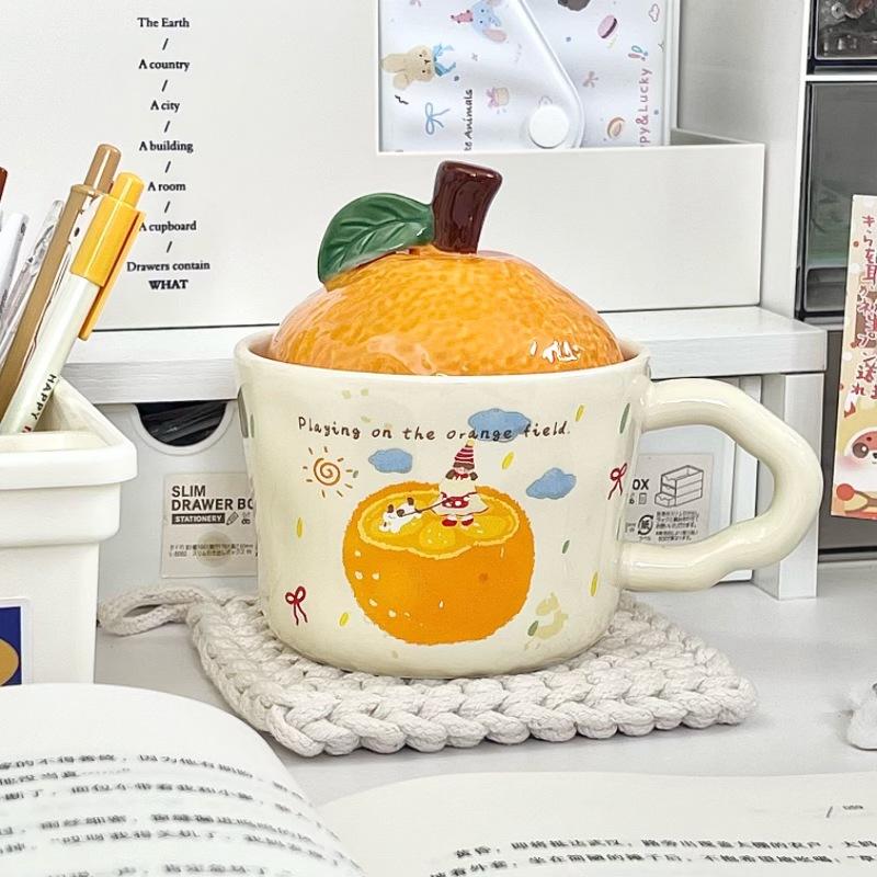 

New Year s Gift Cute Orange Water Cup Boys and Girls Souvenir Gift Box High Value Ceramic Mug with Lid Spoon 401-500ml