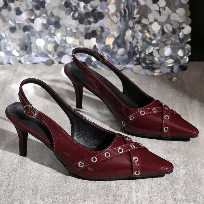 Fashion Fashionable Pointed Toe Shallow Mouth New High-heeled Shoes Summer Elegant Buckle Decorated Stiletto Wine Red Women's Shoes