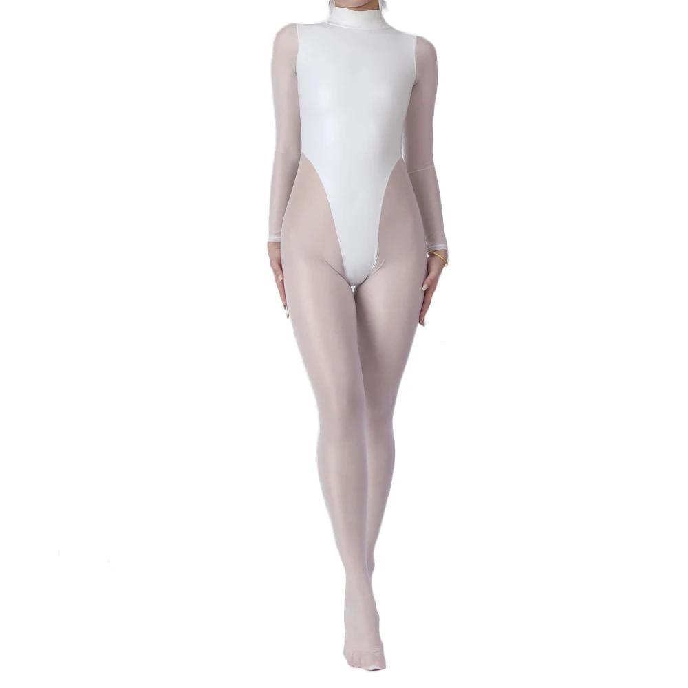 Sexy Women Pu Mesh High Cut Bodysuit Oil Glossy Shiny Elastic Yoga Shaping Tights Sheer See Through Maid Leotard Stage Wear