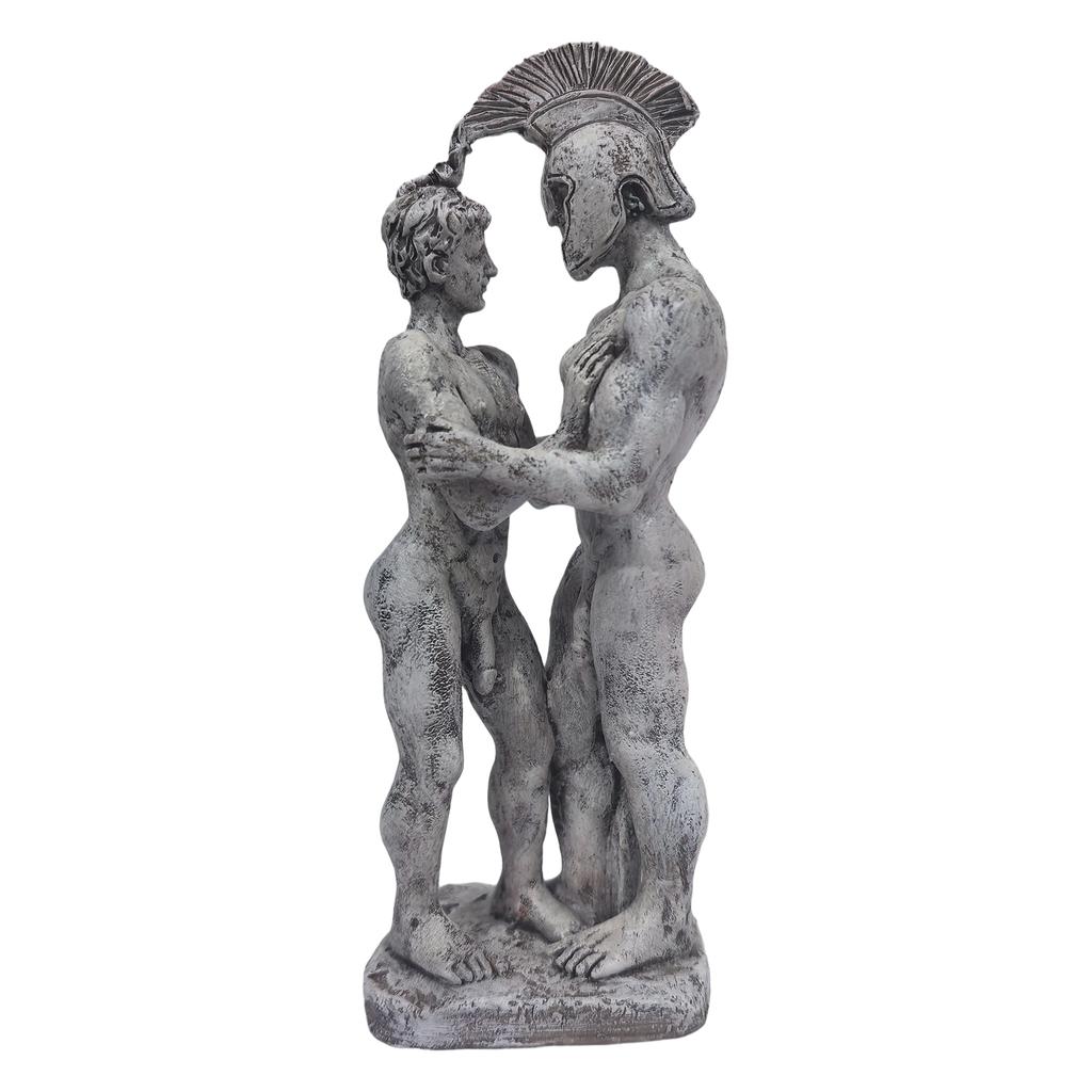 Resin Sculpture Statue of Two Standing Male Figures One Wearing a Helmet Detailed Textured Finish for Home Decor Indoor Use
