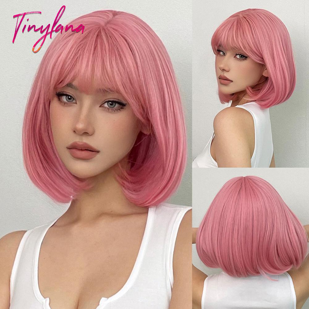Light Pink Long Wavy Cosplay Synthetic Hair Wigs with Bangs for White Women Afro Lolita Water Wave Halloween Heat Reisitant Wig