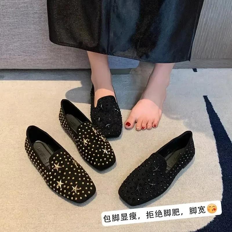 Women's Loafers Rivet Rhinestones Square Heel Women Work Shoes Comfortable for Leisure Versatile Canvas Flat Shoes Zapatos Mujer