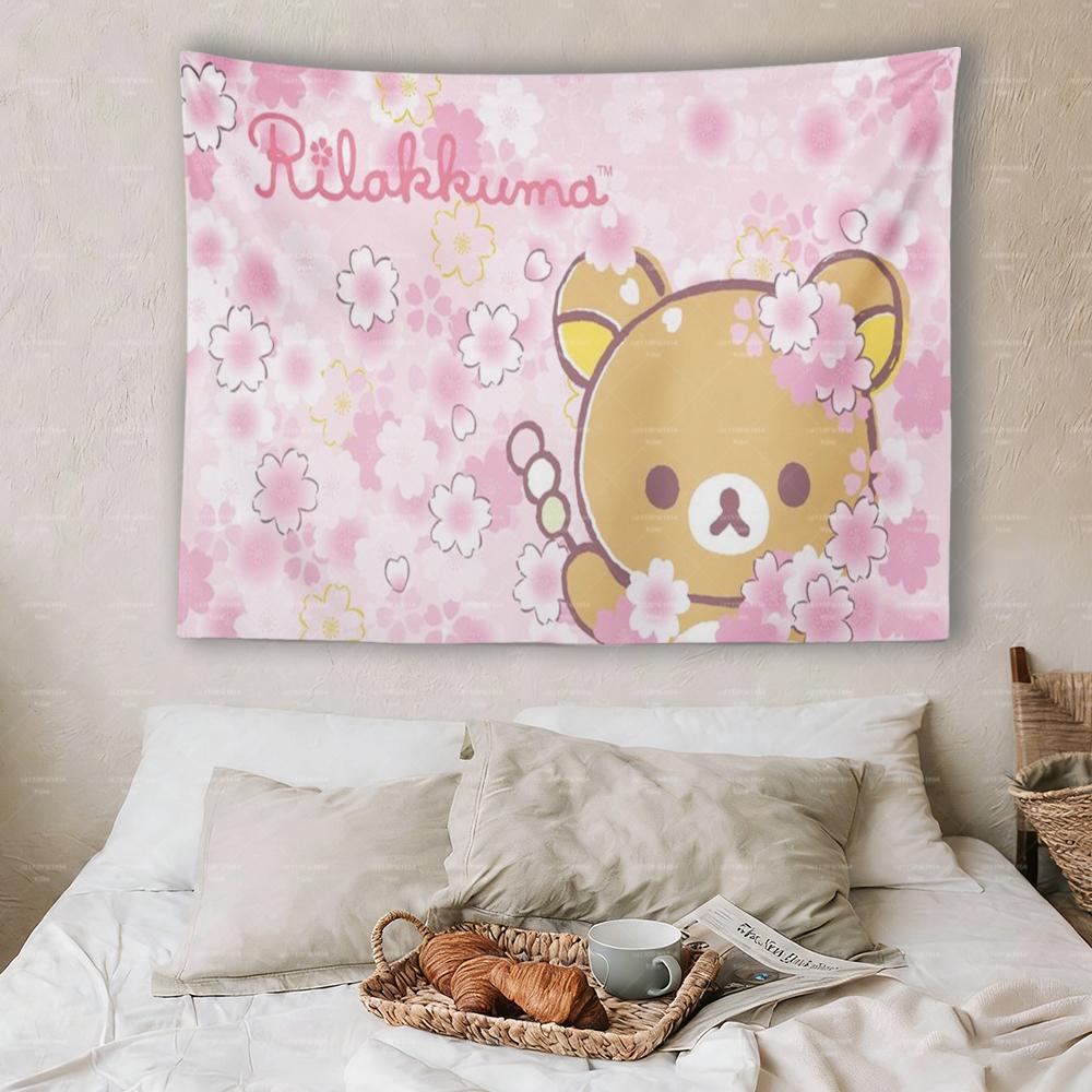 Kawaii Cherry Blossom Bear Floral Wall Tapestry Cute Aesthetic Dorm Wall Hanging