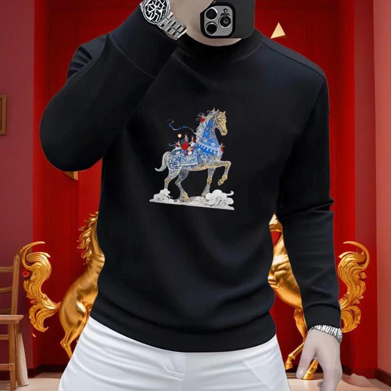

Year of the Horse Men s Wine Red Hoodie - Trendy Long Sleeve Casual Top with Fashionable Print (2026) XXL