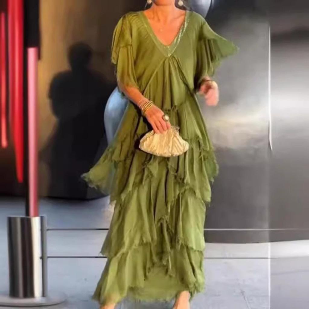 Women's V Neck Short Sleeve Maxi Dresses Loose Fit High Waist A Line Casual Sundress