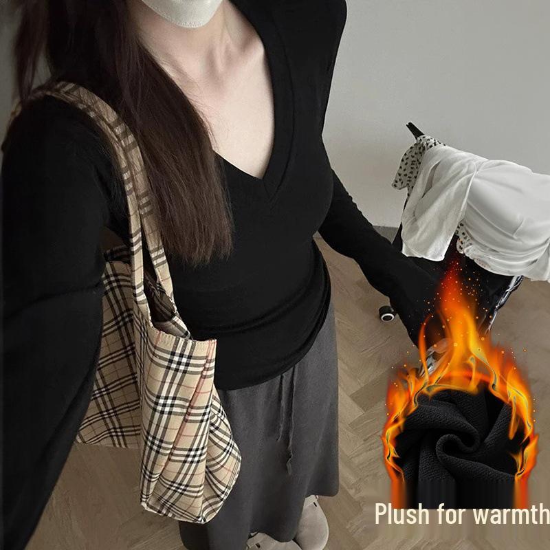 

Women s Black V-Neck Fleece-Lined Base Layer Top - Slimming, Warm, Long-Sleeved for Autumn/Winter L (105-115 kg)