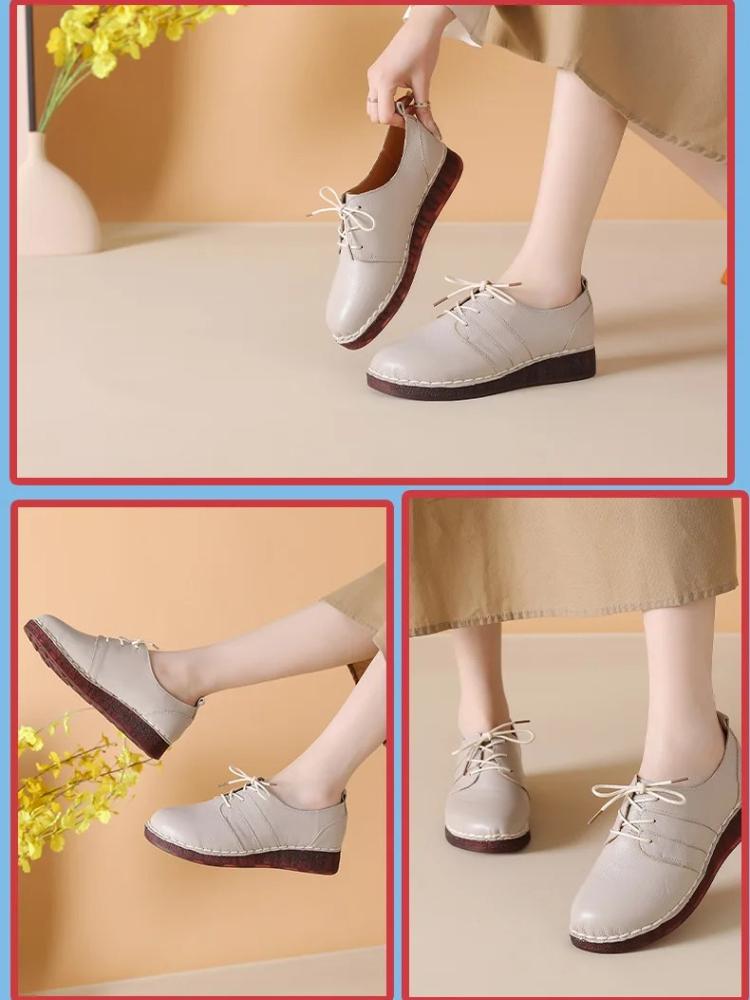 Johnature Genuine Leather Soft Soled Women's Shoes Casual Versatile Lace-up Soft Cowhide Flats
