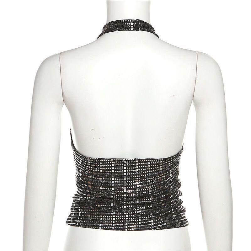 Street Style Sequin Rhinestone Halter Neck Tank Top - European & American Fashion
