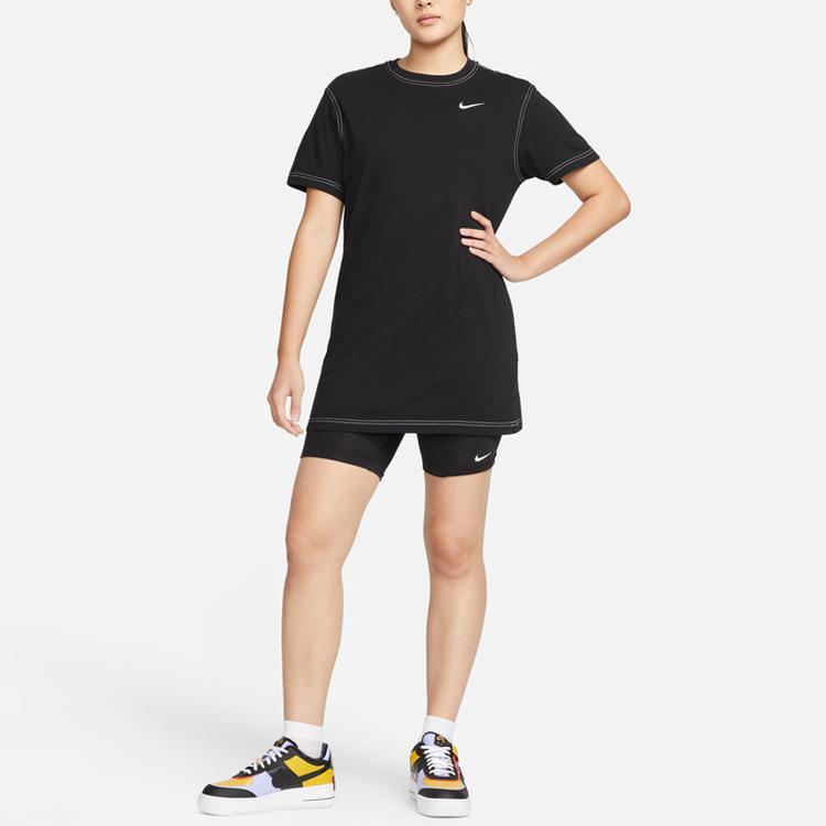 Nike Sportswear Swoosh Logo Patch Lightweight Loose Fit Sports Casual Crew Neck Short Sleeve Dress Women Dresses Black DM6192-010
