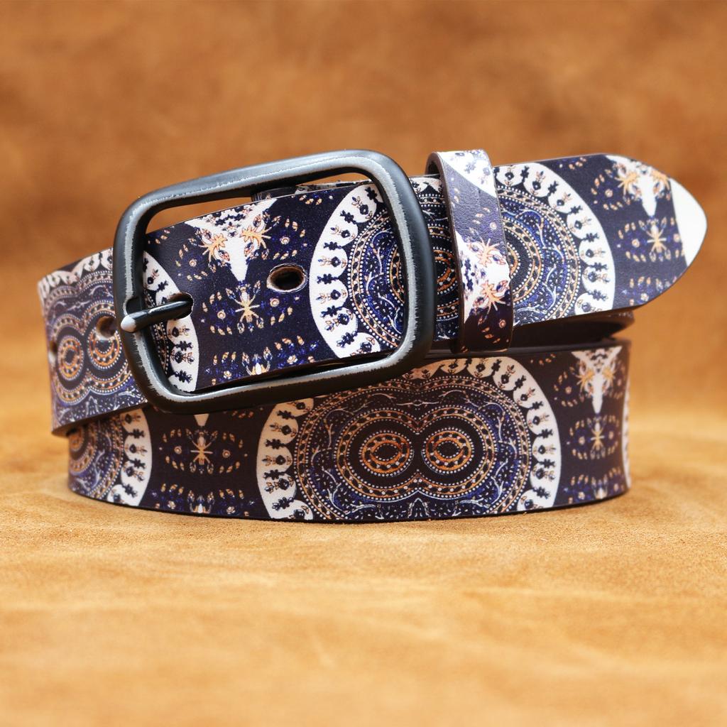 Real Cowhide Retro Owl Eyes Graffiti Printed Belt Personalized Retro Belt American Japanese and Korean Style