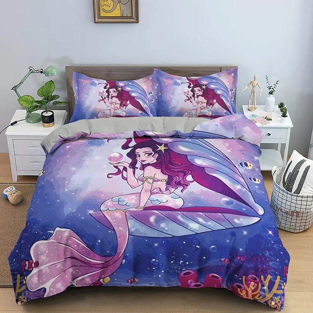 Cartoon Mermaid Pattern Duvet Cover Bedding Set Children Bedroom Decor QuiltComforter Cover King Twin Single Size Bedclothes