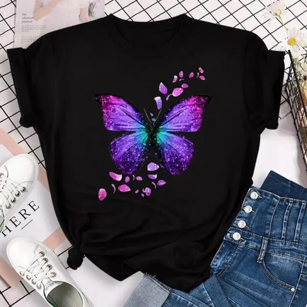 1pcs Colorful Butterfly Petal Print Short Sleeve Cute Graphic Tee Shirts FeUnisex Tops Clothing Fashion Women Tshirt Daily Wear