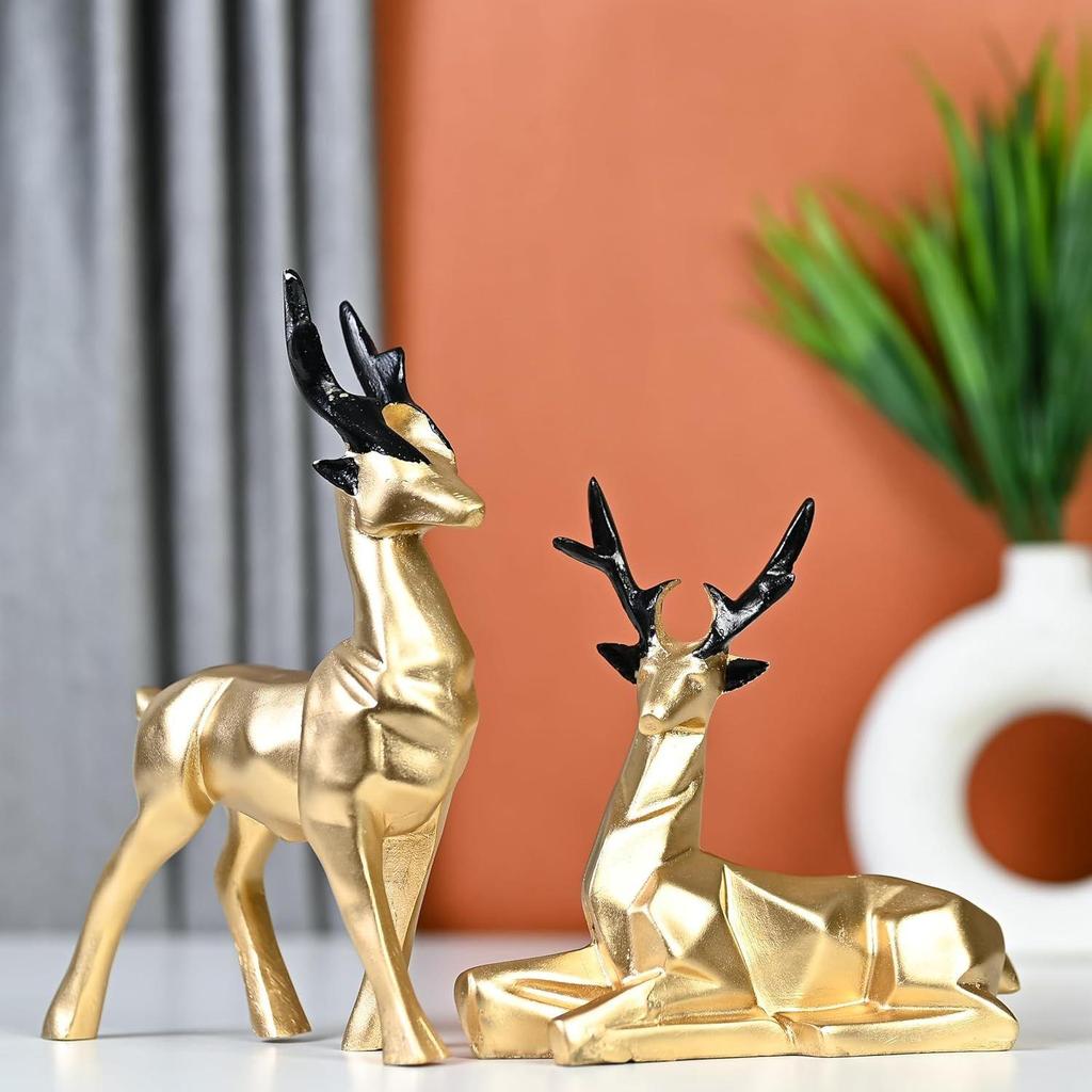 Zestaw 2 żywicznych rzeźb jeleni Hiran do dekoracji domu i biura inspirowanych naturą, idealny dla miłośników przyrody, doskonały dla przyjaciół i rodziny (Złoto)
