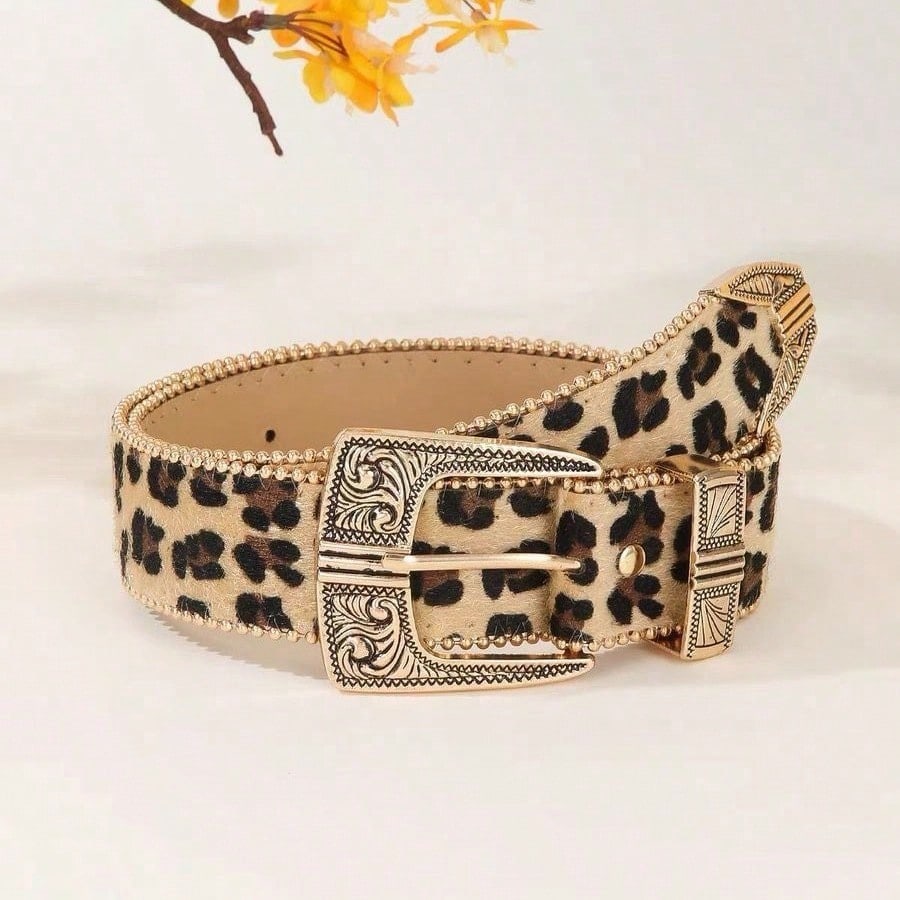 Retro American Y2k Leopard Print Niche Carved Metal Buckle Belt Waist Belt for Women