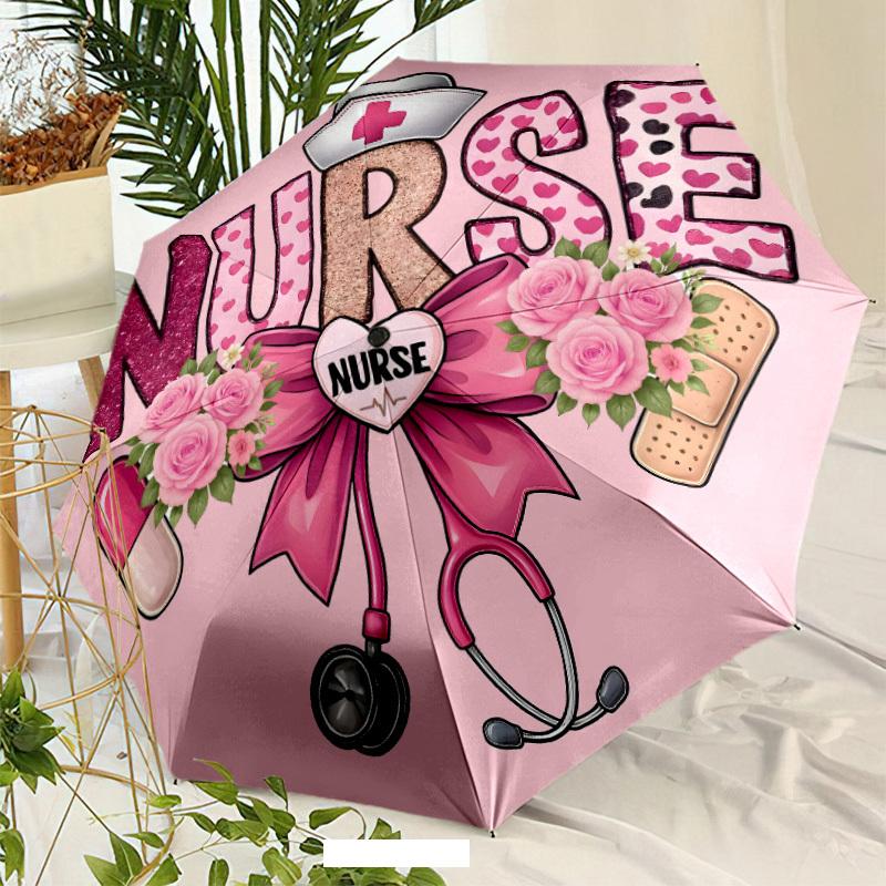 Nurse-Themed Automatic Umbrella with One-Button Opening/Closing - Floral Design, 8-Rib Durable Frame, Compact & Portable for T