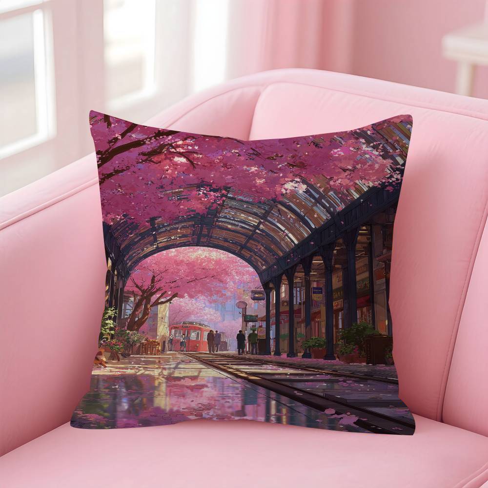 

Japanese Street Train Scenery Sakura Cushion Cover Pillow Cover Decor Pillowcase Printed Cushion Case For Couch 30x30 cm