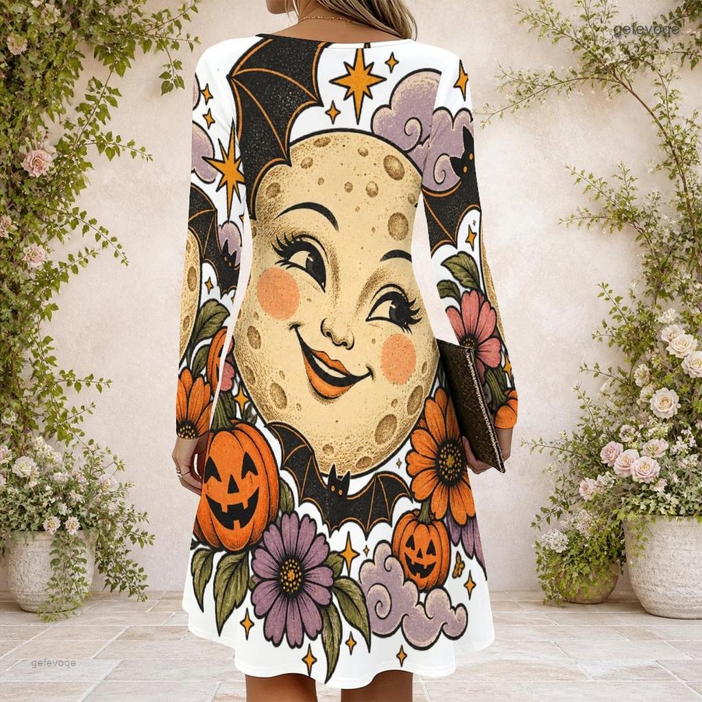 Women Criss Cross V Neck Long Sleeve Halloween Printed Curved Hem Dress