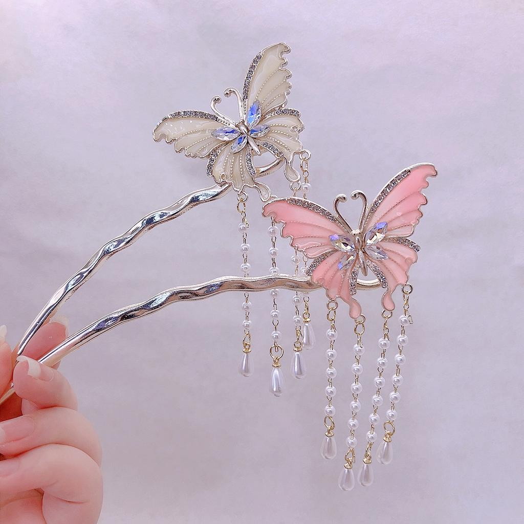 Sweet diamond-encrusted butterfly hairpin, high-end metal hairpin, new Chinese pearl fringed walking, ancient soft hairpin