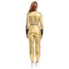 Womens Racer Jumpsuit Metallic Shiny Checkerboard Patchwork Stand Collar Front Zip Belted Leggings Costume