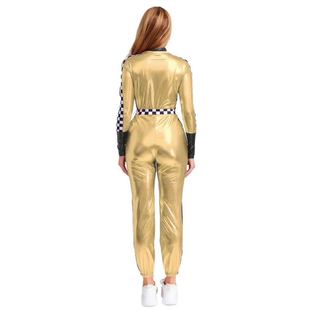 Dámský závodní overal Metalický lesklý šachovnicový patchwork Stojáček Přední zip S páskem Legíny Kostým