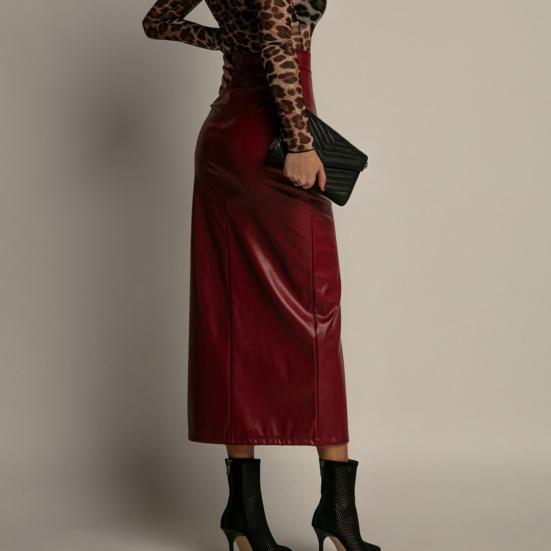 Midi Skirt High Waist Artificial Leather Hip Skirt with Slit Design Pure Color Slimming Fit Office Lady Skirt Work Leisure Daily Wear